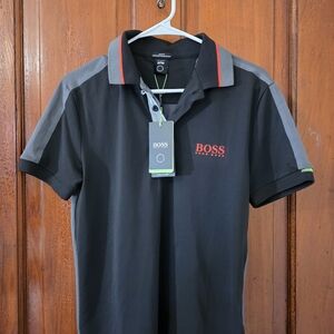 Hugo Boss Men's Black Polo with Gray Shoulder Panels and Red Accent